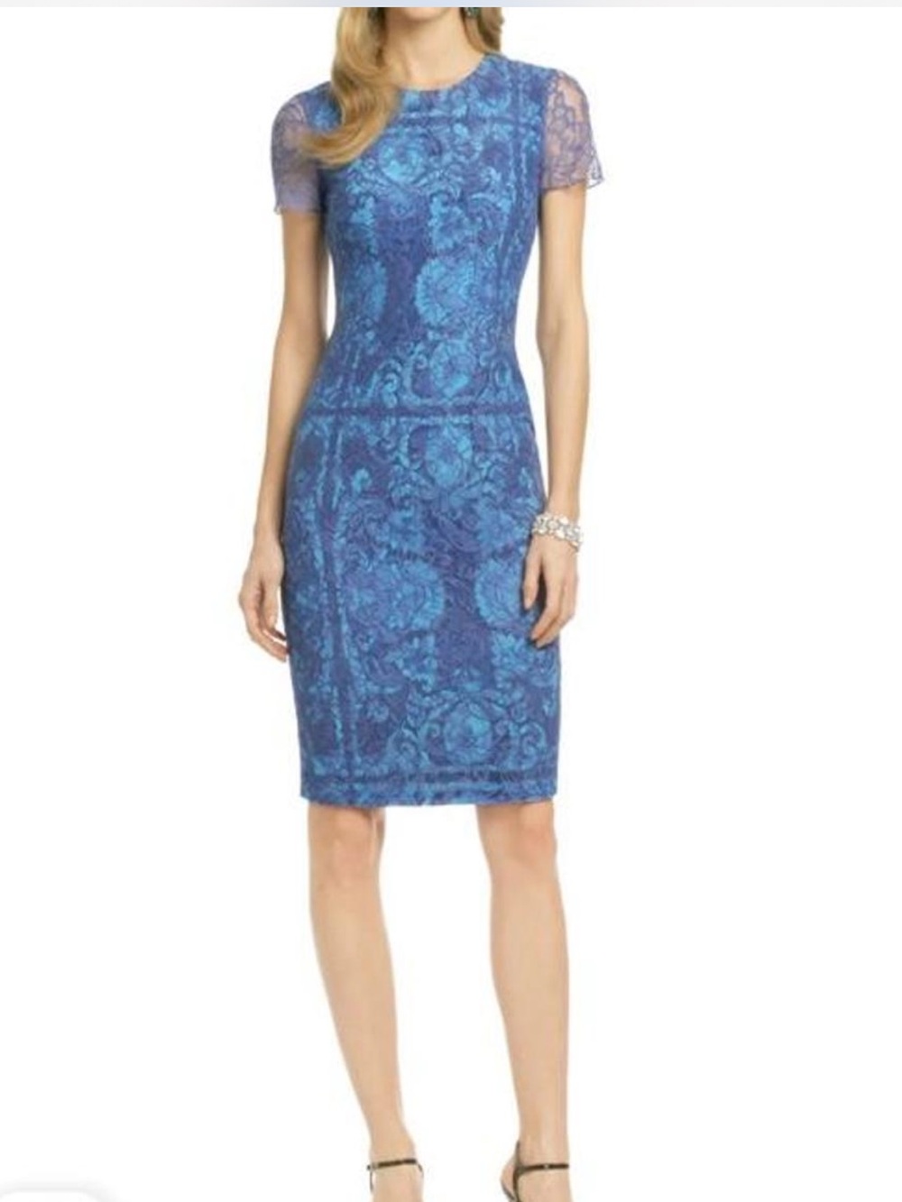 Vera Wang Blue Lace Midi Sheath Dress
